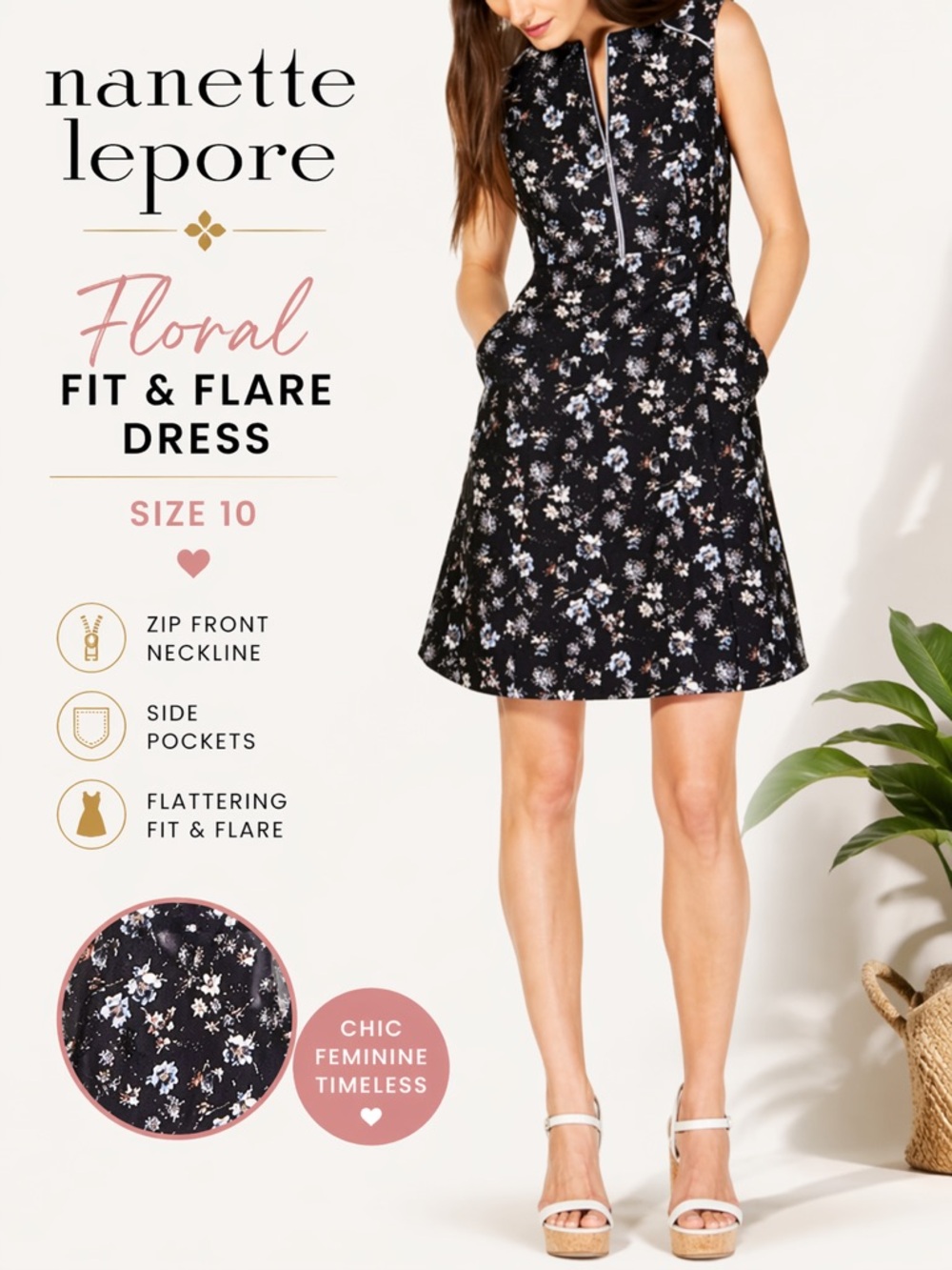 Nanette Lepore Size 10 Floral Fit Flare Dress Sleeveless Zip Front Pockets Black